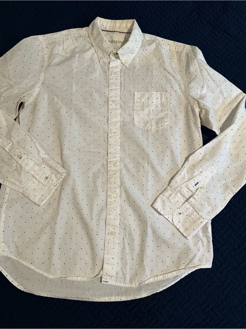 Aeropostale White Button-Down Shirt with Micro Dot Print Size L